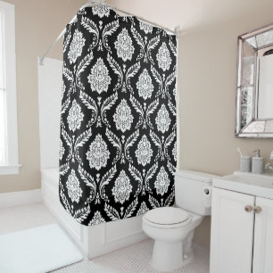 Rococo-Damask-Muster Weiß auf Schwarz Duschvorhang