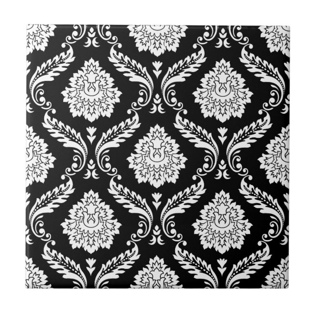 Rococo-Damask-Muster Weiß auf Schwarz Fliese (Vorderseite)