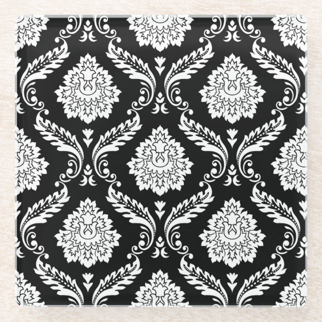 Rococo-Damask-Muster Weiß auf Schwarz Glasuntersetzer (Vorderseite)