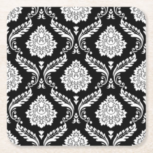 Rococo-Damask-Muster Weiß auf Schwarz Rechteckiger Pappuntersetzer