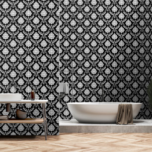Rococo-Damask-Muster Weiß auf Schwarz Tapete