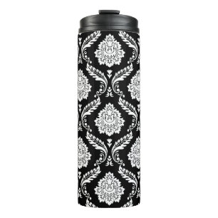 Rococo-Damask-Muster Weiß auf Schwarz Thermosbecher