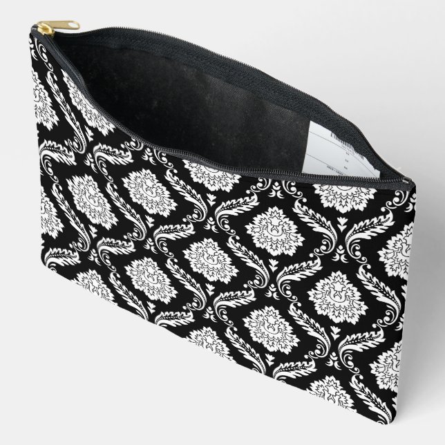 Rococo-Damask-Muster Weiß auf Schwarz Zubehörtasche (Offen)