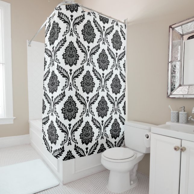 Rococo Damask Pattern Black on White Duschvorhang (Beispiel)