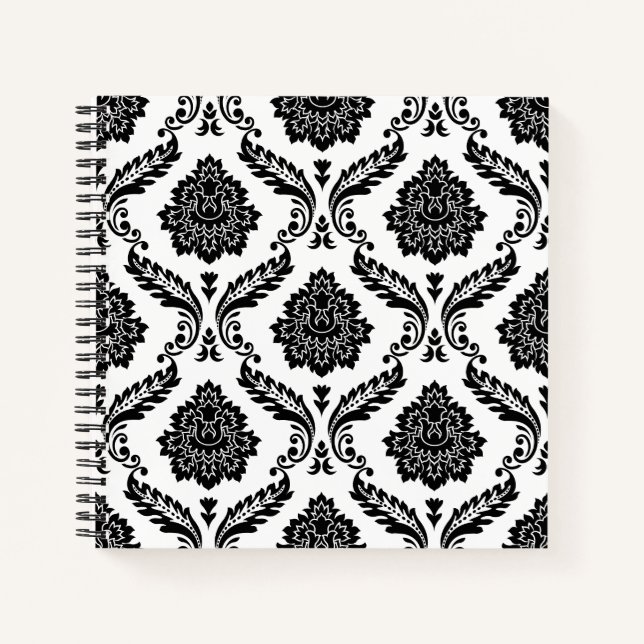 Rococo Damask Pattern Black on White Notizbuch (Vorderseite)
