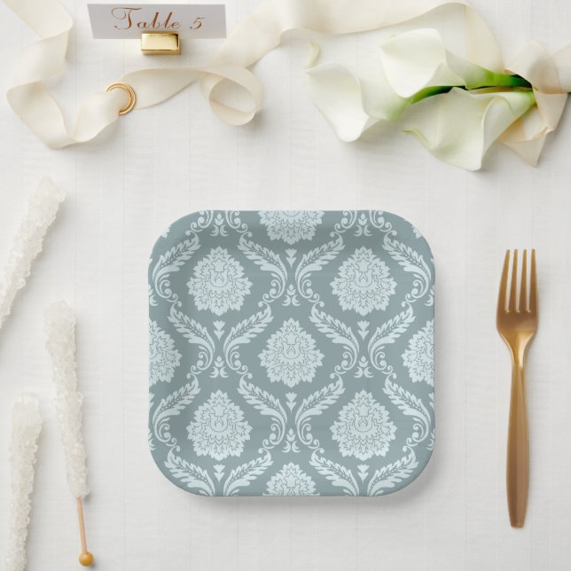Rococo Damask Pattern Duck Egg Blue+Teal Paper Pla Pappteller (Hochzeit)