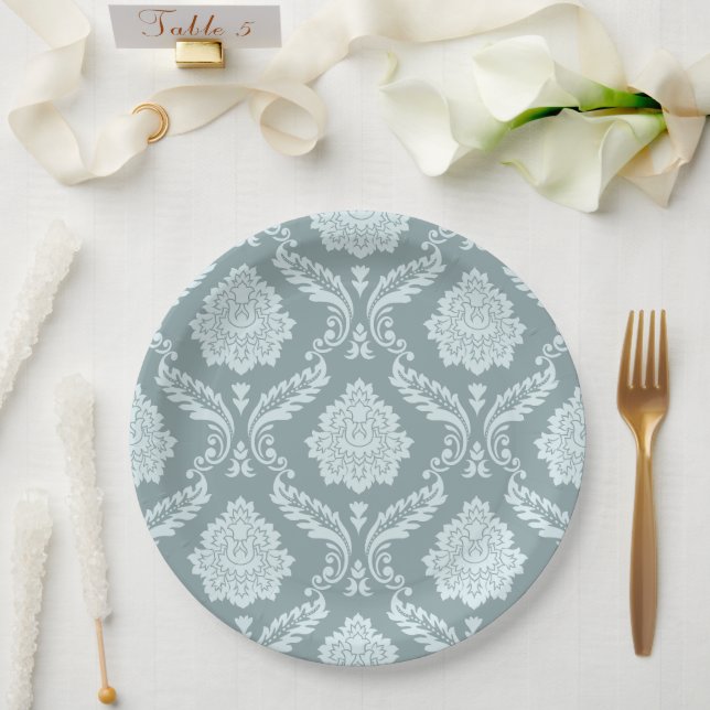 Rococo Damask Pattern Duck Egg Blue+Teal Pappteller (Hochzeit)