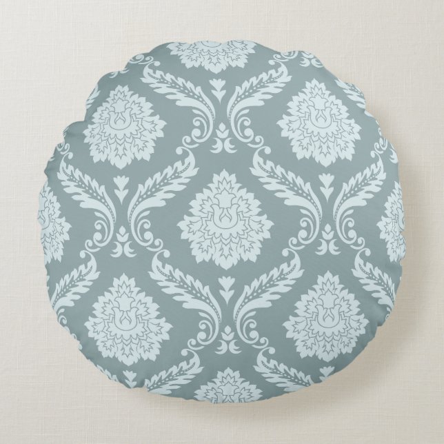 Rococo Damask Pattern Duck Egg Blue+Teal Rundes Kissen (Vorderseite)