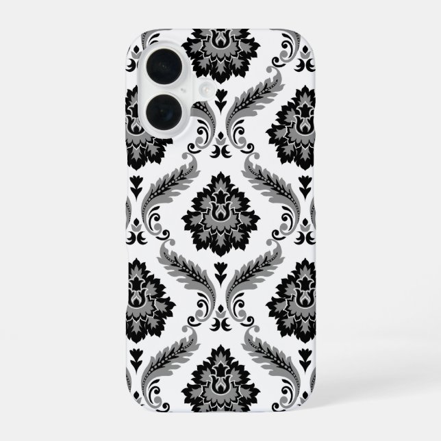 Rococo Damask Pattern Grey Black White iPhone 16 Hülle (Rückseite)