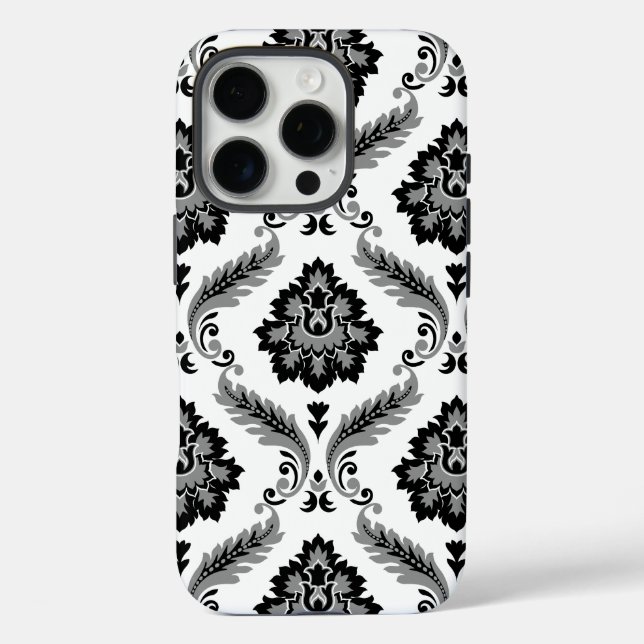 Rococo Damask Pattern Grey Black White iPhone 16 Pro Hülle (Rückseite)