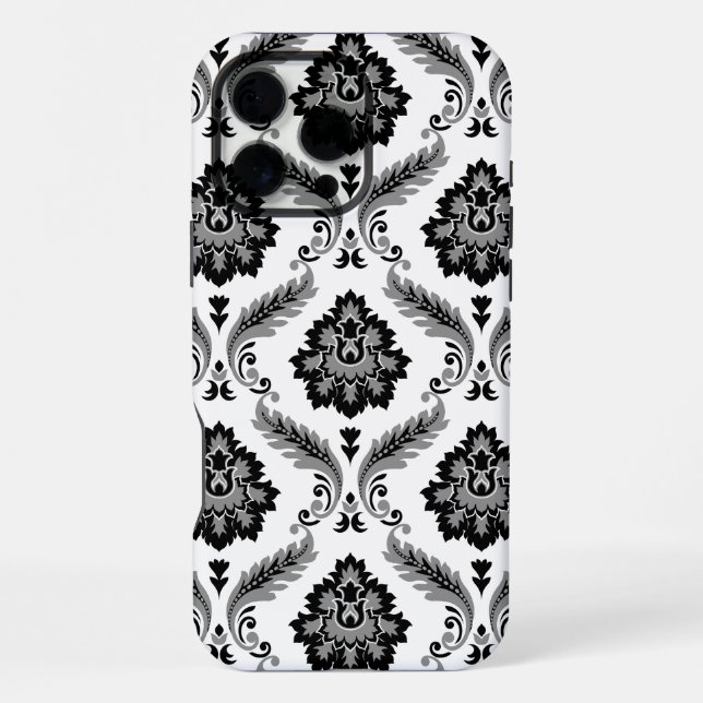 Rococo Damask Pattern Grey Black White iPhone 16 Pro Max Hülle (Rückseite)