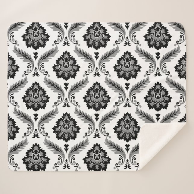 Rococo Damask Pattern Grey Black White Sherpadecke (Vorderseite (Horizontal))