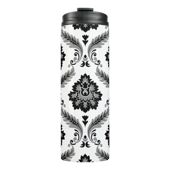 Rococo Damask Pattern Grey Black White Thermosbecher (Vorderseite)