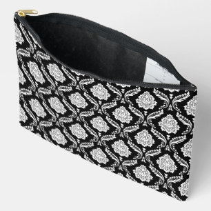 Rococo-Damask-Wiederholungsmuster Weiß auf Schwarz Zubehörtasche