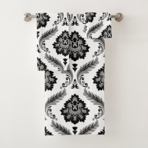 Rococo-Damaskmuster Grau Schwarz Weiß Badhandtuch Set