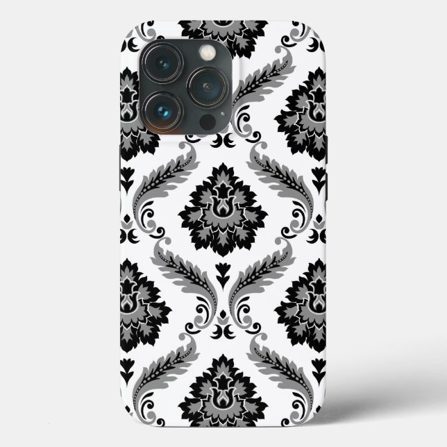 Rococo-Damaskmuster Grau Schwarz Weiß Case-Mate iPhone Hülle (Rückseite)