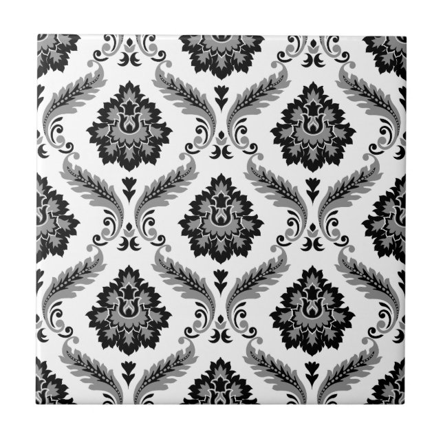 Rococo-Damaskmuster Grau Schwarz Weiß Fliese (Vorderseite)