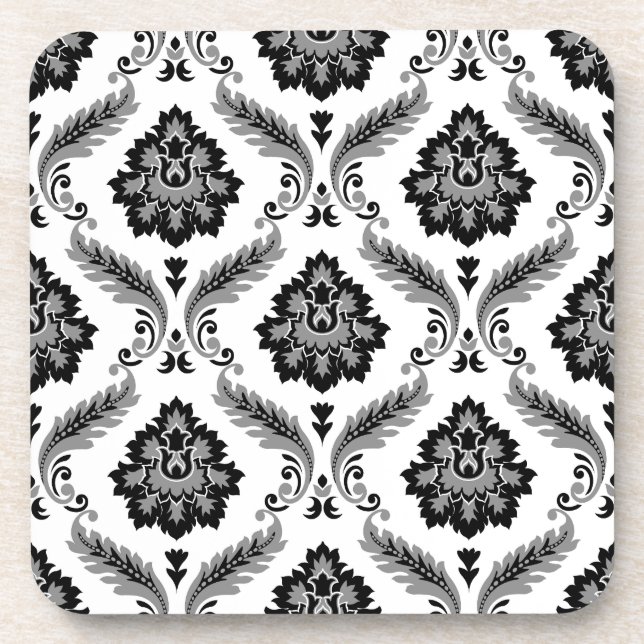 Rococo-Damaskmuster Grau Schwarz Weiß Getränkeuntersetzer (Vorderseite)