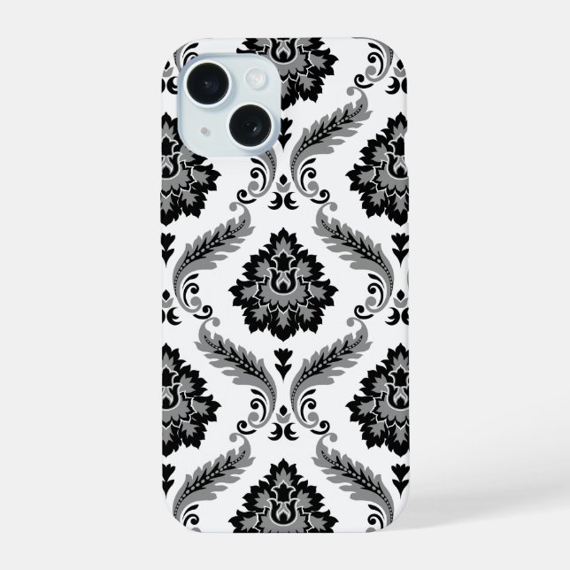 Rococo-Damaskmuster Grau Schwarz Weiß iPhone 15 Hülle (Rückseite)