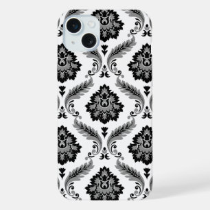Rococo-Damaskmuster Grau Schwarz Weiß iPhone 15 Plus Hülle
