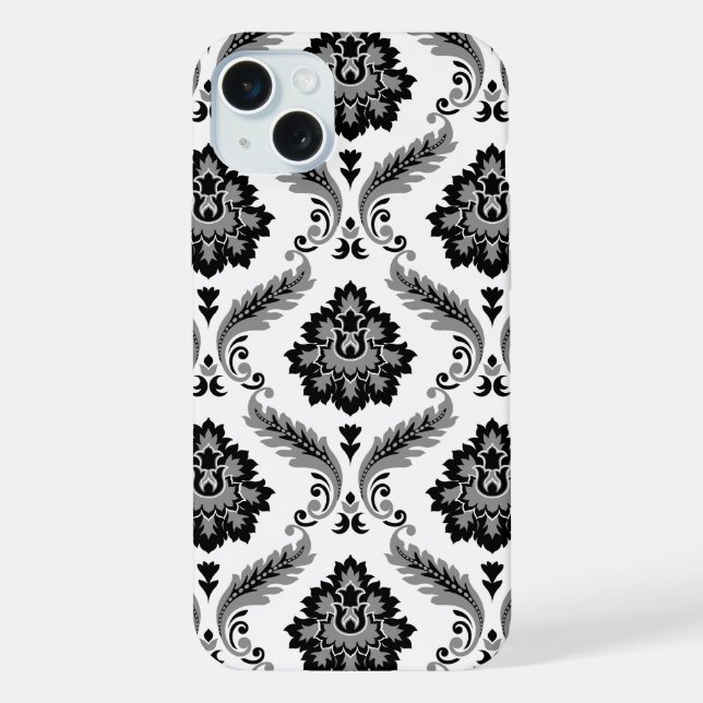 Rococo-Damaskmuster Grau Schwarz Weiß iPhone 15 Plus Hülle (Rückseite)
