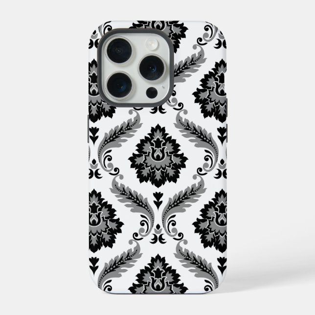 Rococo-Damaskmuster Grau Schwarz Weiß iPhone 15 Pro Hülle (Rückseite)