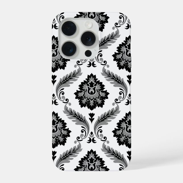 Rococo-Damaskmuster Grau Schwarz Weiß iPhone 15 Pro Hülle (Rückseite)