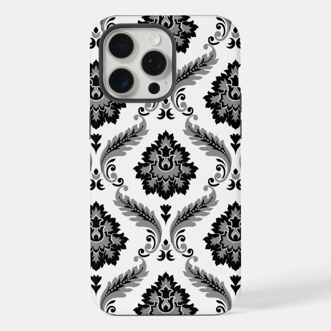 Rococo-Damaskmuster Grau Schwarz Weiß iPhone 15 Pro Max Hülle (Rückseite)