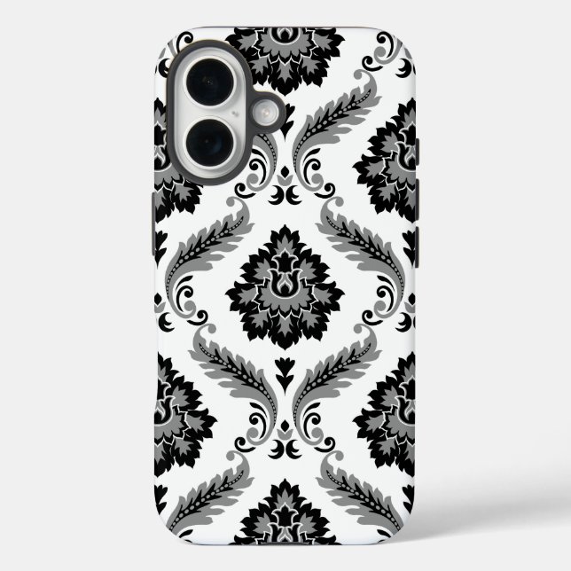 Rococo-Damaskmuster Grau Schwarz Weiß iPhone 16 Hülle (Rückseite)