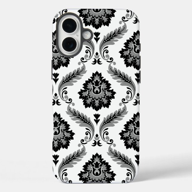 Rococo-Damaskmuster Grau Schwarz Weiß iPhone 16 Plus Hülle (Rückseite)