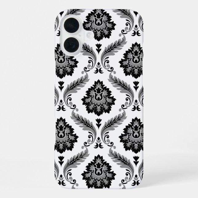 Rococo-Damaskmuster Grau Schwarz Weiß iPhone 16 Plus Hülle (Rückseite)