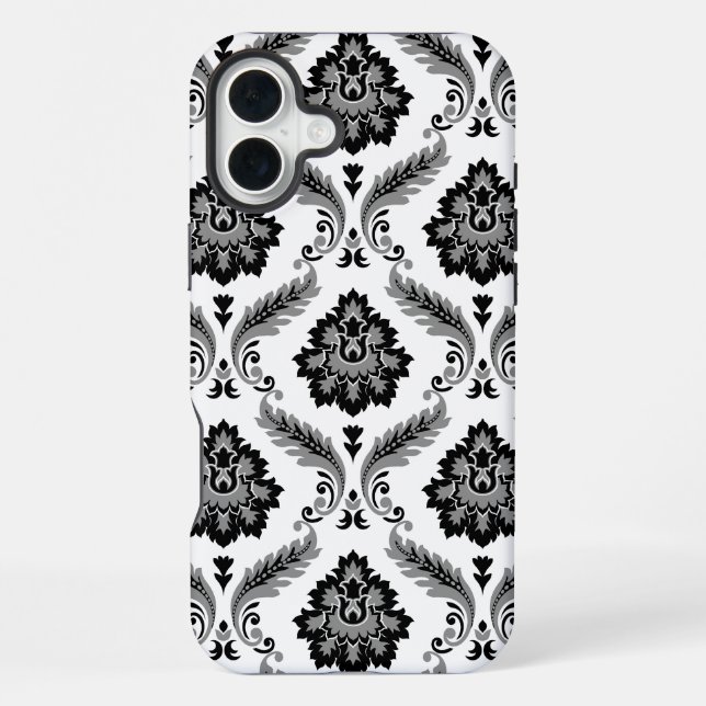Rococo-Damaskmuster Grau Schwarz Weiß iPhone 16 Plus Hülle (Rückseite)