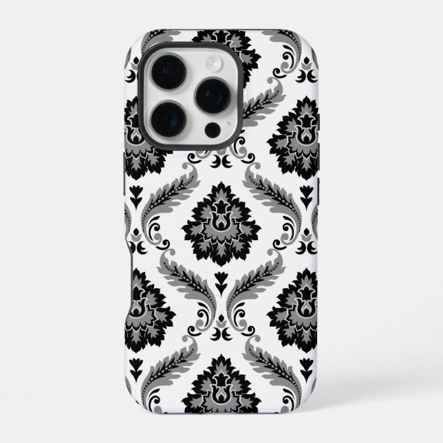 Rococo-Damaskmuster Grau Schwarz Weiß iPhone 16 Pro Hülle (Rückseite)