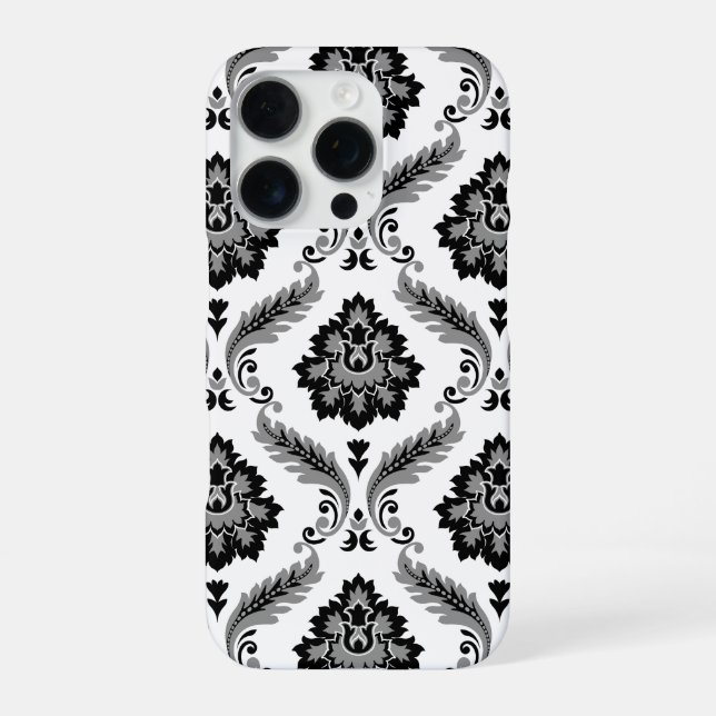 Rococo-Damaskmuster Grau Schwarz Weiß iPhone 16 Pro Hülle (Rückseite)