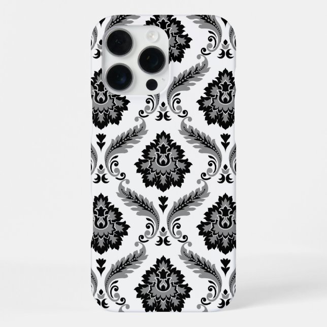 Rococo-Damaskmuster Grau Schwarz Weiß iPhone 16 Pro Max Hülle (Rückseite)