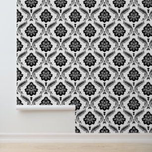 Rococo-Damaskmuster Grau Schwarz Weiß Tapete
