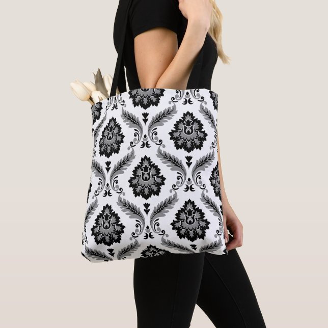 Rococo-Damaskmuster Grau Schwarz Weiß Tasche (Von Nahem)