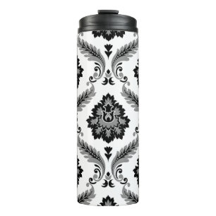 Rococo-Damaskmuster Grau Schwarz Weiß Thermosbecher
