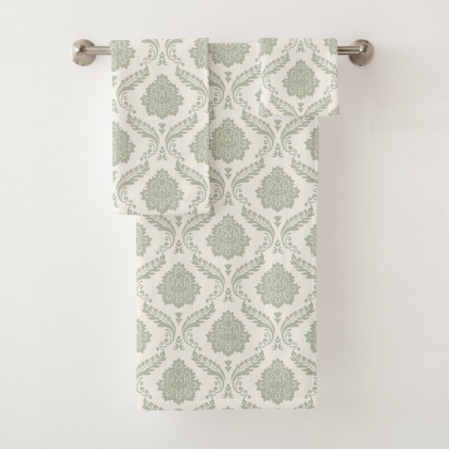 Rococo-Damaskmuster Grün auf Creme Badhandtuch Set (Insitu)