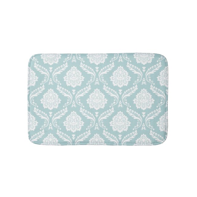 Rococo-Damaskmuster Weiß auf Enteneiblau Badematte (Vorderseite)