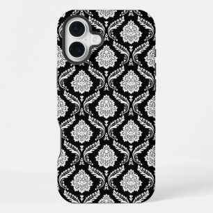 Rococo-Damaskmuster Weiß auf Schwarz iPhone 16 Plus Hülle