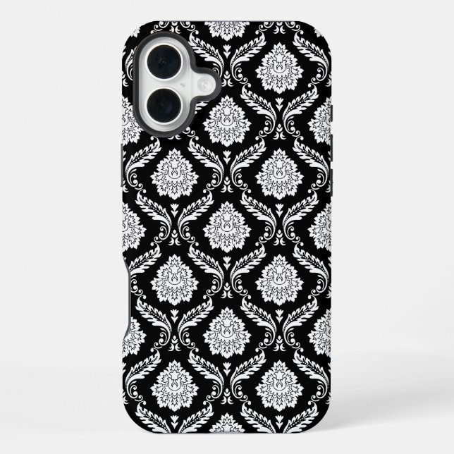 Rococo-Damaskmuster Weiß auf Schwarz  iPhone 16 Plus Hülle (Rückseite)