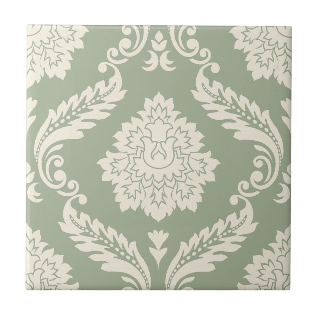 Rococo Damast großes Muster Creme auf Grün Fliese (Vorderseite)