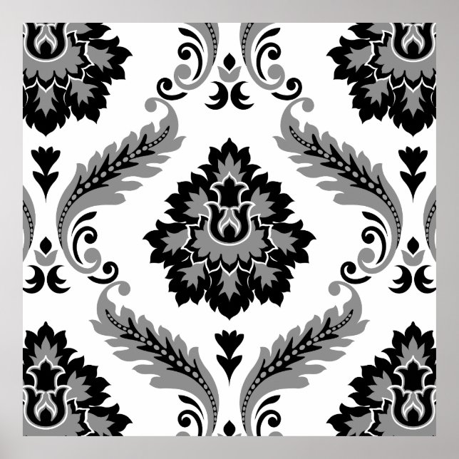 Rococo Damast großes Muster Grau Schwarz Weiß Poster (Vorne)