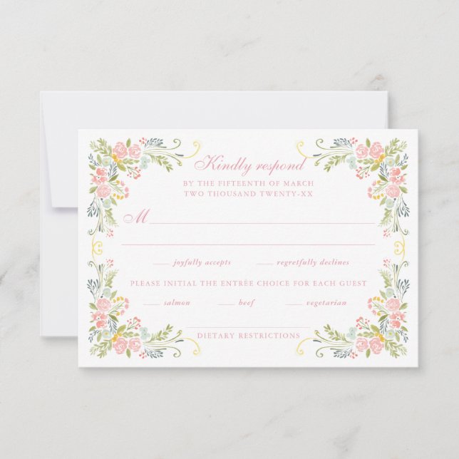 Rococo Floral Border Wedding RSVP Karte (Vorderseite)