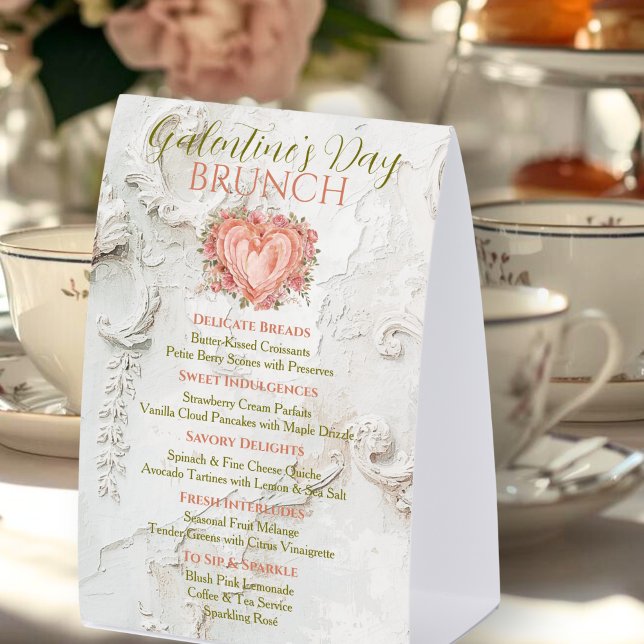 Rococo Floral Heart Galentine Brunch Tea Menu Tischaufsteller (Von Creator hochgeladen)