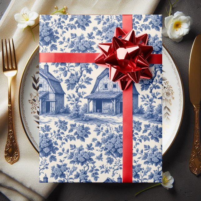 Rococo Ornate French Toile Floral Blue Rustic Barn Geschenkpapier (Rococo Ornate French Toile Floral Blue Rustic Barn Wrapping Paper)