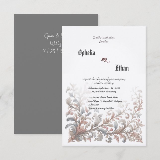 Rococo ornemental Floral faire-part de mariage (Devant / Derrière)