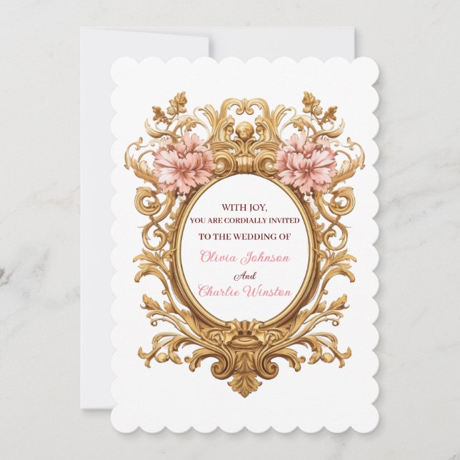 Rococo Royal Wedding Blush Florals Golden Scrolls Einladung (Vorderseite)