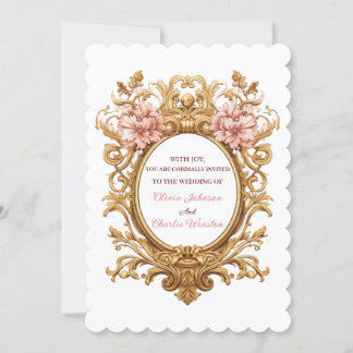 Rococo Royal Wedding Blush Florals Golden Scrolls Einladung